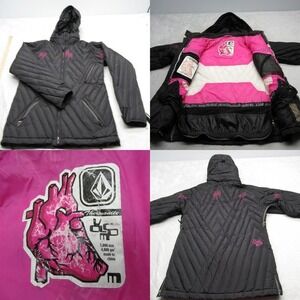 Volcom Down Jacket Women Medium Black Quilted Ski Hood Waterproof RIII‎ Cola